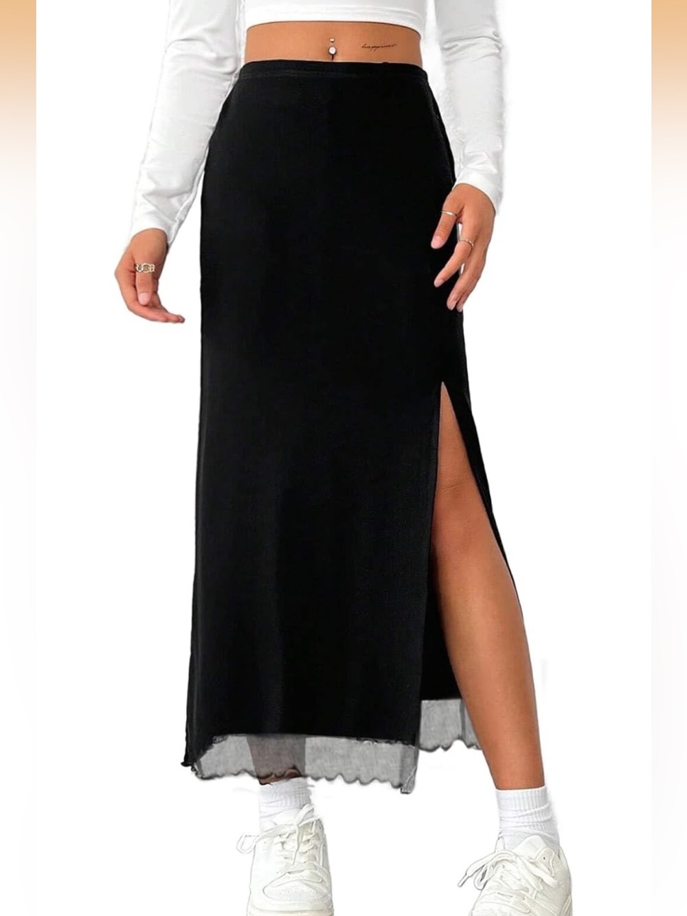 Amazon - Side Slit Mesh Midi Skirt in Black, S